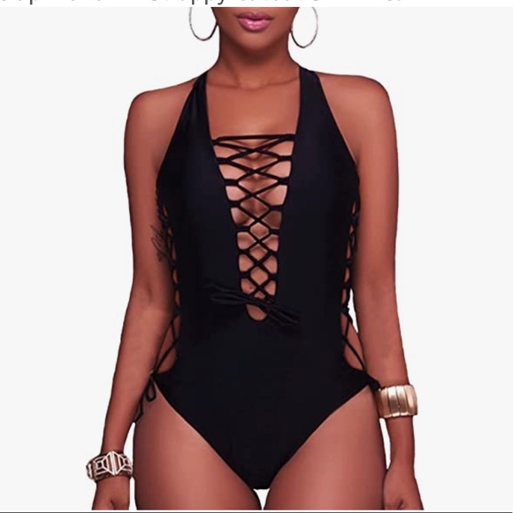 Holipick Sexy One Piece Swimsuits V Neck Lace up Strappy Cutout Swimwear - Picture 3 of 3